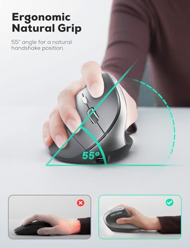 Nulea MD280 Ergonomic Vertical Wireless Mouse - Bluetooth & 2.4G Dual Mode, 4 Adjustable DPI 800/1200/1600/2400, Rechargeable, Silent Clicks, No Lag, 6 Buttons - Perfect for Laptop, Desktop Grey - color: Grey