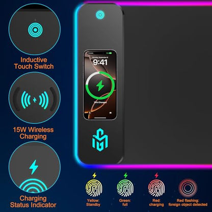 Mouse Pad Gaming Wireless Charging, 800x300x4mm, Black | Supports wireless charging for smartphones and earbuds, features 10 RGB lighting modes. Dimensions: 31.5" L × 11.8" W. - color: Black
