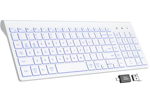 SABLUTE Wireless Keyboard with 7 Colored Backlits, Rechargeable Silent Compact Cordless Computer Keyboard with Low Profile Quiet Light Up Keys for Windows, PC, Linux, Chrome, Mac (White) - color: White