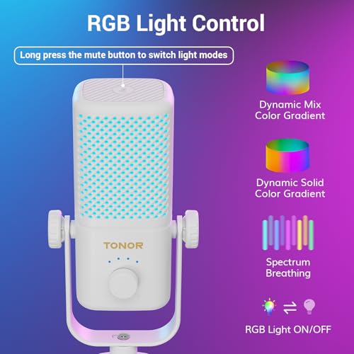 TONOR Gaming Microphone Compatible with Xbox, RGB Condenser Streaming Mic, Low Noise, Gain Control, One Tap Mute, Compatible with Capture Card, 200 cm/78inch Cable, Desktop Stand, White, TCX3 - color: White, style: Microphone