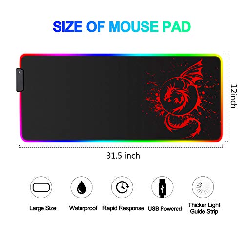 RGB Gaming Mouse Pad, Large Extended Glowing Led Mousepad with 15 Lighting Modes and USB,Smooth Surface Waterproof Gamer Mouse Mat for Gaming, Macbook, PC, Laptop, Desk 31.5 X 12 Inch (Red)
