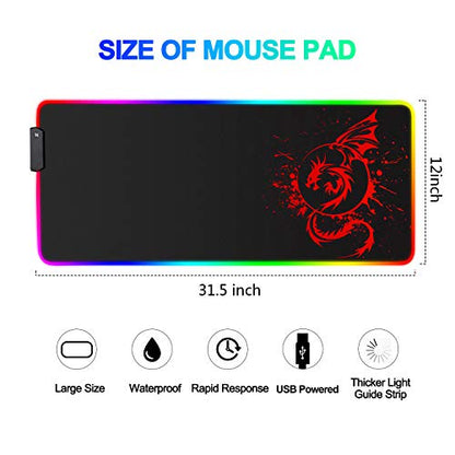 RGB Gaming Mouse Pad, Large Extended Glowing Led Mousepad with 15 Lighting Modes and USB,Smooth Surface Waterproof Gamer Mouse Mat for Gaming, Macbook, PC, Laptop, Desk 31.5 X 12 Inch (Red)