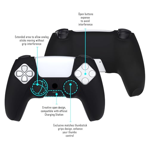 PlayVital Upgraded Pure Series Dockable Anti-Slip Silicone Cover Skin for ps5 Controller, Soft Rubber Grip Case for ps5 Wireless Controller Fits with Charging Station with 6 Thumb Grip Caps - Black - color: Black Upgraded
