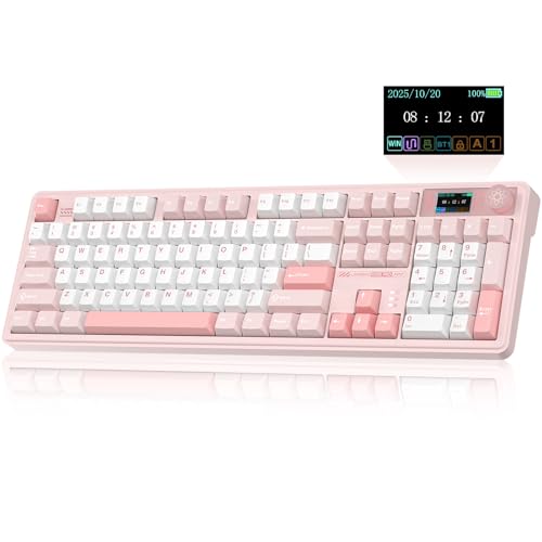 LINGBAO K108 Pro Wireless Mechanical Keyboard with Screen & Knob, Full Size Creamy Keyboard with Number Pad, 10000mAh Battery, PBT Keycaps, RGB Backlit, Hot-swappable Pink Gaming Keyboard for PC/Mac - color: White & Pink