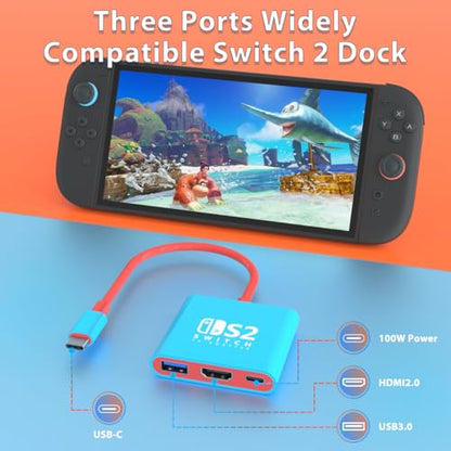 pdobq Switch 2 Dock, Switch Docking Station for Nintendo Switch1 Dock, Portable Switch2 TV Adapter Support 4K/60HZ Switch2 TV Mode Compatible Switch2/1/OLED, Travel with HDMI2.0 USB3.0 - size: 4K/60HZS2