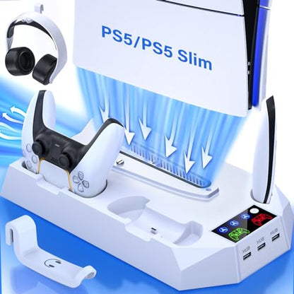 PS5 Slim Cooling Station with Controller Charging Station for PlayStation 5 Console Slim&Standard Disc/Digital, PS5 Cooling Stand Accessories with Cooler Fan/3 USB Hubs/Media&Headset Holder/Screw - color: Fit 2023 PS5 Slim+2020 PS5