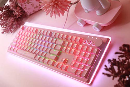 i-rocks K71M RGB Mechanical Gaming Keyboard with Media Control Knob, Switches (Red), 107 Keys w/Full NKRO, PBT Keycaps, Multimedia Hotkeys, Detachable USB-C Cable and Onboard Storage, Pink - color: Pink, size: Switches (Red)