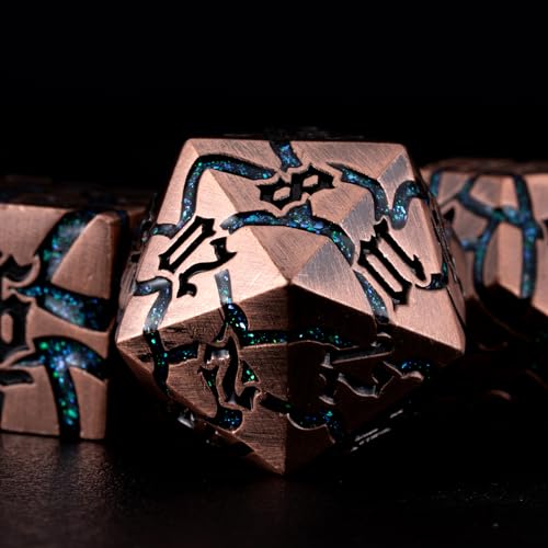 Cracked Rune Metal Dice Set for DND & RPG – Dark Fantasy Fractured Design, Premium Heavy Metal Polyhedral Dice with Deep Engraved Numbers, 7-Piece Set – Green Mystic Vein - color: Antique Copper Green