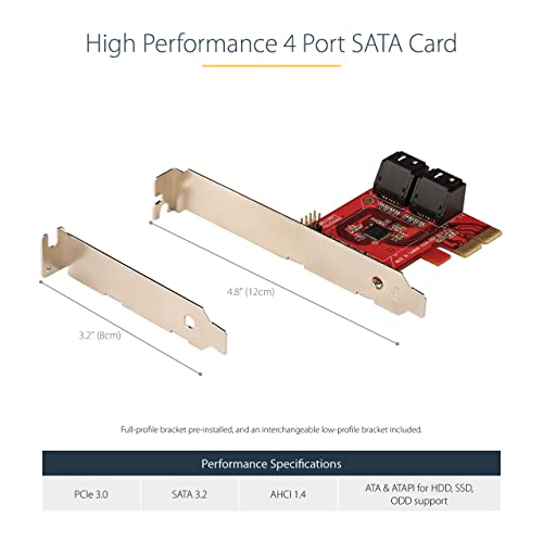 StarTech 4-Port SATA III 6Gbps PCIe Card, Non-RAID (4P6G-PCIE-SATA-CARD) | PCI Express to SATA converter, Stacked SATA connectors, X2 slot, Full/low-profile, NCQ, Port Multiplier, HDD/SSD