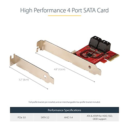 StarTech 4-Port SATA III 6Gbps PCIe Card, Non-RAID (4P6G-PCIE-SATA-CARD) | PCI Express to SATA converter, Stacked SATA connectors, X2 slot, Full/low-profile, NCQ, Port Multiplier, HDD/SSD