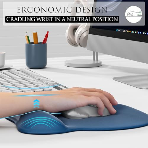 MROCO Ergonomic Mouse Pad with Gel Wrist Rest, 9.4 x 8.1 in, Navy Blue | Ergonomic Shape Design, Multiple Pattern Options, Gel Wrist Comfort, Smooth Lycra Surface, Non-Slip PU Base - color: Navy Blue