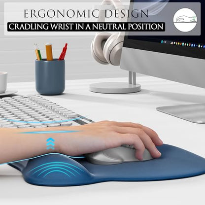 MROCO Ergonomic Mouse Pad with Gel Wrist Rest, 9.4 x 8.1 in, Navy Blue | Ergonomic Shape Design, Multiple Pattern Options, Gel Wrist Comfort, Smooth Lycra Surface, Non-Slip PU Base - color: Navy Blue