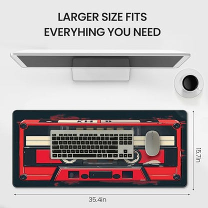 Retro Cassette Tape Design Mouse Pad, 35.4 x 15.7 Inches Gaming Desk Mat with Non-Slip Base for Home Office School Business - color: Retro Cassette Tape