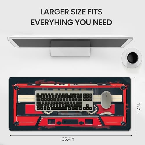 Retro Cassette Tape Design Mouse Pad, 35.4 x 15.7 Inches Gaming Desk Mat with Non-Slip Base for Home Office School Business - color: Retro Cassette Tape