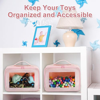 Abbylike 8 Pack Toys Storage Bags with Handle and Clear PVC Window, Classic Bricks Building Set Organization Bags, Car Toy Traveling Carrying Case for Puzzles Board Games Building Blocks(Pink) - color: Pink