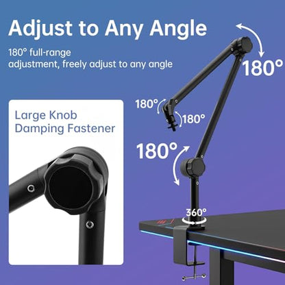 Microphone Stand Desk, Suspension Microphone Boom Arm Heightened Design with Desk Mount Clamp, 360° Rotatable,5/8" 3/8" Threads, Mic Table Arm for Podcast, Streaming,Gaming,Recording, Studio, Office