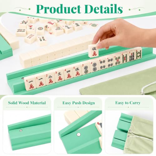 5Pcs Mahjong Racks with Pushers Wooden American Mahjong Tile Pushers and Racks Set with Mah Jong Rack Drawstring Bag Mah jong Accessories for Players Gifts Home Game Night Party Supplies (Light Green) - color: Light Green