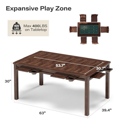 Board Game Table with Removable Table Top, 54” x 31” Play Area, Gaming and Dining Table with 2 Play Mats, Detachable Cup Holders and Trays for 6 Players, for Card, DND and Poker, Walnut - size: REC w/Two Mats