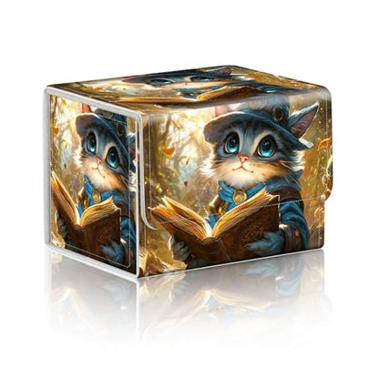 Trading Card Storage Box, Holds 100+ for MTG Cards, PU Leather with Magnetic Closure, Little Mage Cat Reading in Woods Durable Deck Box for Magic the Gathering, Trading Card Games - color: Little Mage Cat Reading in Woods