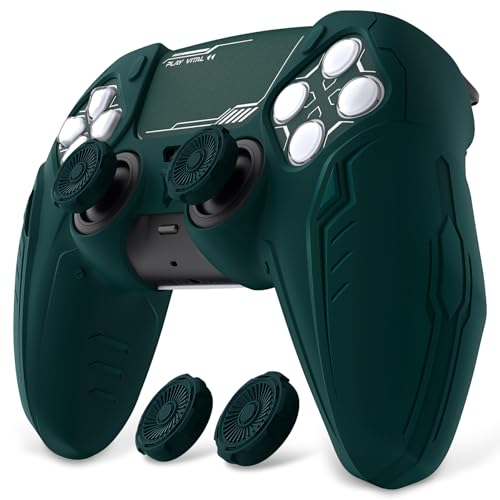 PlayVital Silicone Skin Set for PS5 Controller - Charging Dock Compatible, Full Protection Case with Futuristic CyberMech Design, Soft Cover with Thumb Grips & Stickers - Racing Green - color: Racing Green