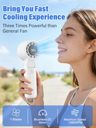 AI Handheld Fan Turbo, 100-Speed Portable Fan Rechargeable, Mini Fan with 12800 RPM Strong Airflow, Foldable 4-in-1 Personal Fan for Travel, Camping, Beach & Office, USB-C & Lightweight & Quiet - color: White