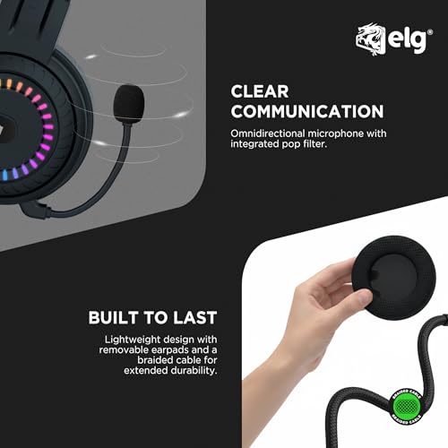 ELG Mizar USB Gaming Headset, PC/PS4/PS5, Virtual 7.1 Surround, 50mm Drivers, Omnidirectional Mic, Pop Filter, Braided Cable, RGB, Black