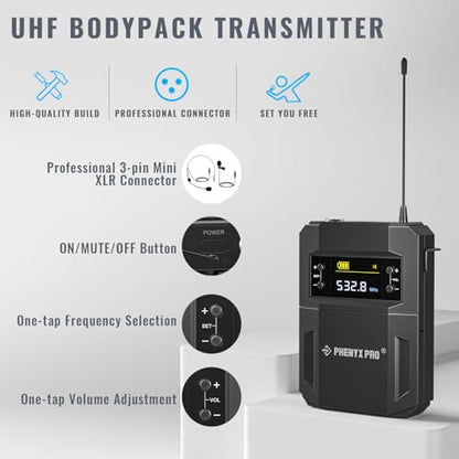 Phenyx Pro Wireless Microphone System,Metal Wireless Mic Set w/Handheld/Bodypack/Headset/Lapel Mics,2 x 30 UHF Frequencies, 200 ft Range, Cordless Mic for Singing, Karaoke, Church (PTU-52-1H1B)