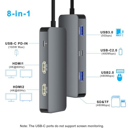 Dual HDMI Adapter for 2 Monitors, Laptop Docking Station Dual Monitor, HDMI Splitter for Dual Monitors, 4K@60hz Double Monitor Adapter, USB C Docking Station for Dell/HP/Mac Laptop - style: 8 IN 1 4K@60hz