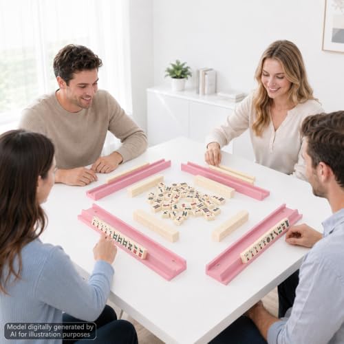 5Pcs Mahjong Racks with Pushers Wooden American Mahjong Tile Pushers and Racks Set with Mah Jong Rack Drawstring Bag Mah Jong Accessories for Players Gifts Home Game Night Party Supplies (Pink) - color: Pink