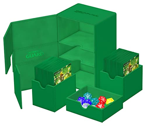 Ultimate Guard Twin Flip'n'Tray 160+, Deck Case for 160 Double-Sleeved TCG Cards + Dice Tray, Green, Independent Magnetic Closure & Microfiber Inner Lining - color: Green, size: 160+