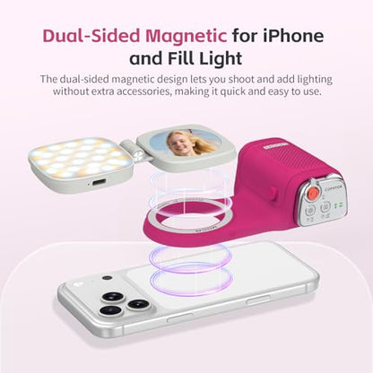 COMITOK iPhone Camera Grip MOCA with Magnet Fill Light & Mirror for 17 Pro iOS26 Native Camera, Fun Shot Magnetic Grip for Phone Compatible iOS17 and iOS18 with Anti-Drop Detachable Remote & Keychain - color: Fuchsia