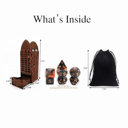 Walnut DND Dice Tower with 7 DND Dice Set & Pouch, Vintage Walnut Finish RPG Dice Roller for DND Dungeons and Dragons, Pathfinder & TTRPG Tabletop Games