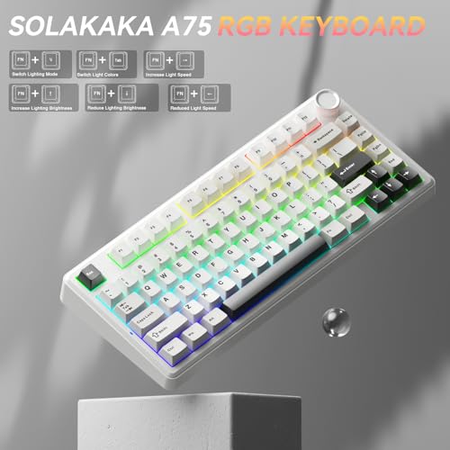 SOLAKAKA A75 75% Wireless Mechanical Keyboard, Hot Swappable Gaming Keyboard with Multifunction Knob & RGB, Gasket Mounted Creamy Keyboard, PBT Keycaps, Compact Layout for Win/Mac/PC - color: Whtie&Black&Grey