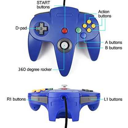miadore 4 Pack Classic N64 Controller, Wired N64 Controllers with Upgraded Joystick (Non PC USB Version)(Red/Blue/Clear Green/Clear Blue) - color: Red/Blue/Clear Green/Clear Blue