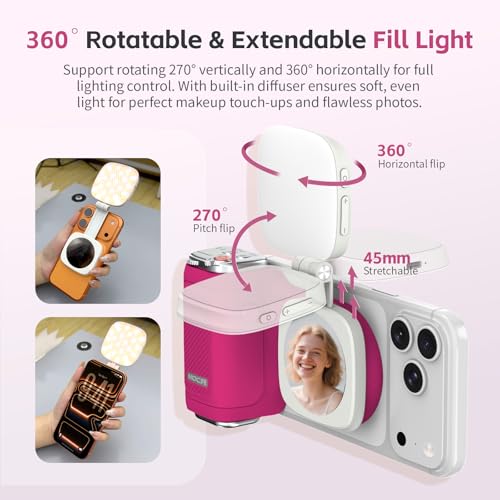COMITOK iPhone Camera Grip MOCA with Magnet Fill Light & Mirror for 17 Pro iOS26 Native Camera, Fun Shot Magnetic Grip for Phone Compatible iOS17 and iOS18 with Anti-Drop Detachable Remote & Keychain - color: Fuchsia