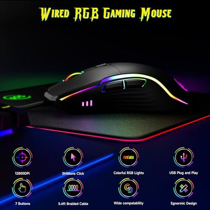 memzuoix Wired Gaming Mouse with RGB - 6 Adjustable DPI up to 12800, 6 Buttons, 12 Lighting Modes, Ergonomic Design with Anti-Slip Rubber Wheel, 5.6ft Braided Cable for PC/Mac/Windows - Black - color: Black