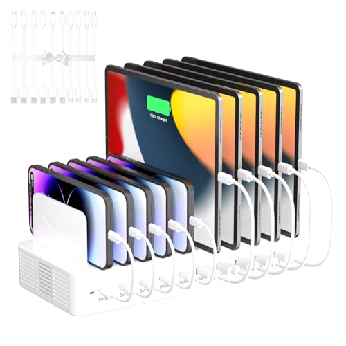 100W Charging Station for Multiple Devices, 10-Port USB Fast Charging Station with Adjustable Dividers & 10 Cables- Multi Device Organizer Charging Dock for iPhone, iPad, Tablets & More(White) - color: White