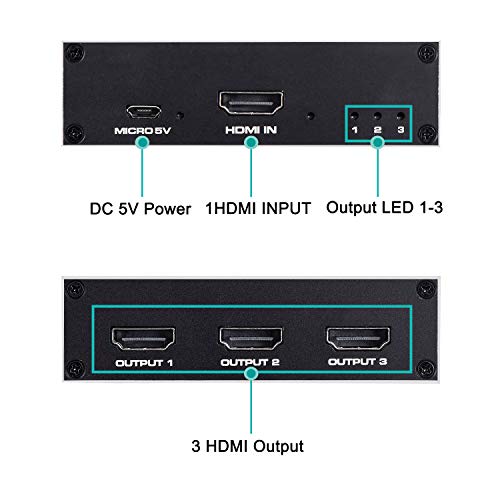 1x3 HDMI Splitter, 1 in 3 Out HDMI Splitter Audio Video Distributor Box Support 3D & 4K x 2K Compatible for HDTV, STB, DVD, PS3, Projector Etc - size: 1x3 4K@30Hz