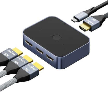 HDMI Switch 3 in 1 Out 8k@60HZ/ 4k@144HZ, HDMI Splitter UHD HDR 3D Compatible with PS5/Switch/Xbox/Steam Deck/PC/Streaming/HDTV/Monitor/Projector