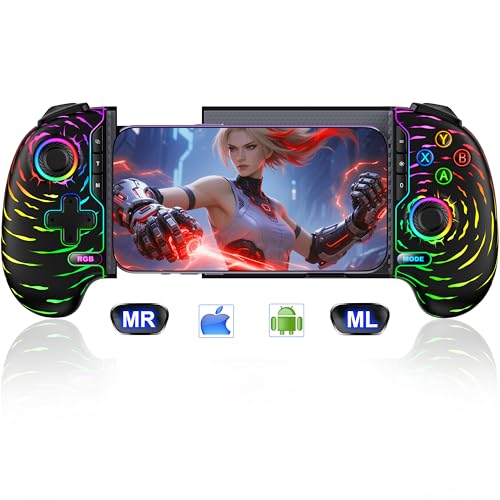 MystNova Wireless Phone Controller for iPhone & Android - Mobile Gamepad with Hall Effect Joysticks, Compatible with Xbox/Steam Link/Cloud Gaming, Ergonomic Design, Long Battery Life(Black-Ripple) - color: Colorful
