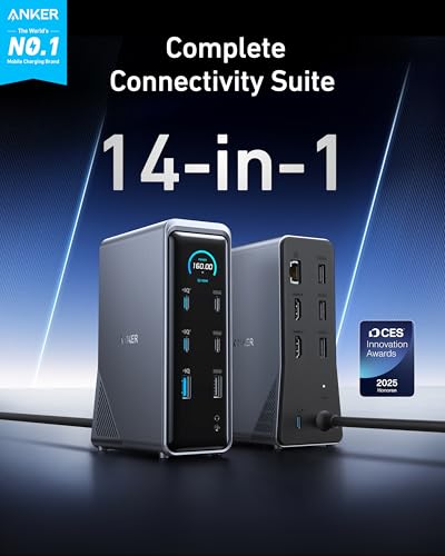 Anker Prime Docking Station, 14-in-1 Laptop Docking Station Dual Monitor | Dual 4K HDMI, 160W Max Output, 10Gbps Data Transfer, Smart Interface, Audio and Ethernet Ports for Dell, HP, Lenovo and More
