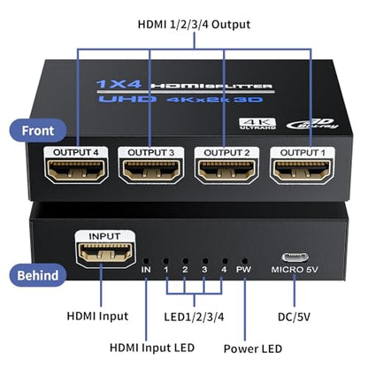 HDMI Splitter 1 in 4 Out 4K@30Hz, Powered 1x4 HDMI Video Splitter 4 Ports with Power Cord, Duplicate/Mirror Screen, Supports UltralHD 3D 1080P HDCP 1.4 for HDTV, STB, DVD, PS5/4/3, Projector, Etc