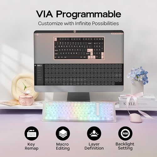KiiBoom Phantom98 Lite 96% Wireless Mechanical Gaming Keyboard, VIA Programmable, Creamy Keyboard with Gasket, 8000mAh Battery, Hot Swap, RGB Backlits, NKRO for Win/Mac (Clear, Mossy Silent Switch) - color: Clear, size: Mossy Silent Switch