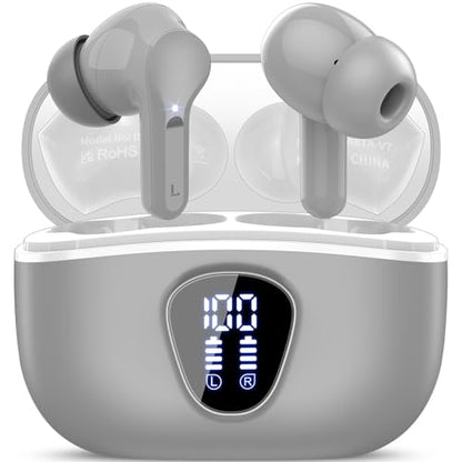 Wireless Earbuds, Bluetooth 5.4 Headphones HiFi Stereo, Bluetooth Earbuds with ENC Noise Cancelling Mic, IP7 Waterproof in Ear Earphones, 48H, LED Display Ear buds for Pad Workout Sports, Grey - color: Grey