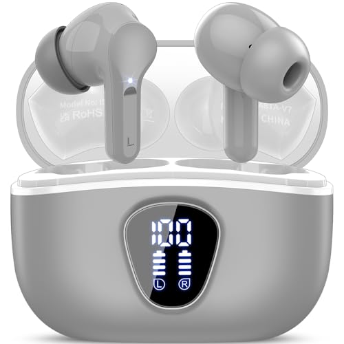Wireless Earbuds, Bluetooth 5.4 Headphones HiFi Stereo, Bluetooth Earbuds with ENC Noise Cancelling Mic, IP7 Waterproof in Ear Earphones, 48H, LED Display Ear buds for Pad Workout Sports, Grey - color: Grey