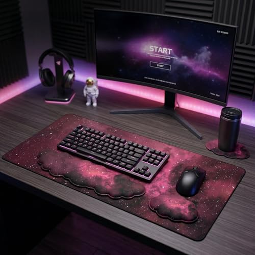 Cloud Mouse Pad Keyboard Wrist Rest 4PCS Extended Large Galaxy Desk Mat Pad Set Memory Foam Non-Slip Cute Ergonomic Gaming Mouse Pad Wrist Support for Computer Laptop Home Office Black Pink - color: 4pcs Black Pink