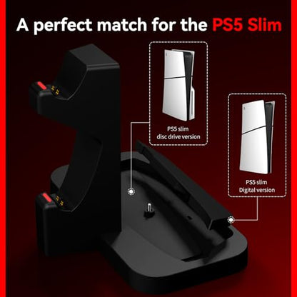 PS5 Stand with Controller Charging Station: 2.5 Hours Fast Charging Dock - Vertical Stand for PlayStation 5 Slim - PS5 Accessories with Headphone Holder & Dual Controller Charger - color: Black
