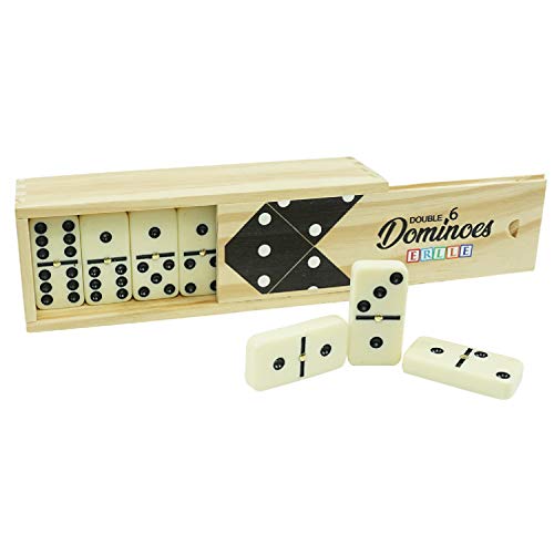 ERLLE - Dominoes Set, Premium Classic 28-Piece Double Six Domino Set with Wooden Case, Family & Kids Board Game, Mexican Train, Chicken Foot, and Classic Domino Games