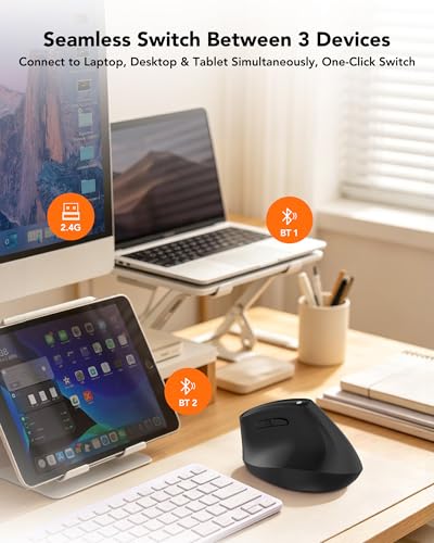 KYSONA Ergonomic Mouse Wireless, Bluetooth Vertical Mouse, 5-Level Adjustable DPI, 2.4G Silent Switch Mice for Windows, MacOS, IPadOS, Laptop, PC, Black - color: Black