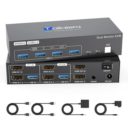 4K HDMI KVM Switch 2 Monitors 2 Computers Dual Monitor Support 4K@60Hz KVM Switcher PC Extended Display for 2 Port Share 4 USB 3.0 HUB Desktop Controller and 2 USB Cables Included